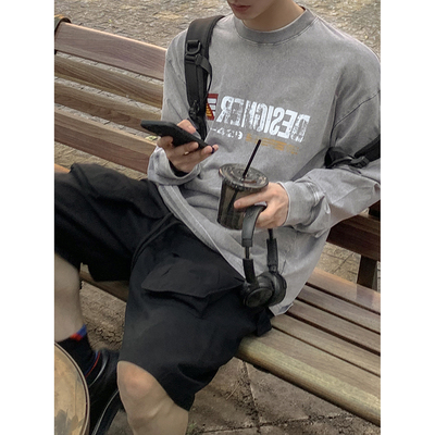 PLTH*薄款水洗做旧宽松美式复古百搭T恤日常小领口男ins纯棉长袖