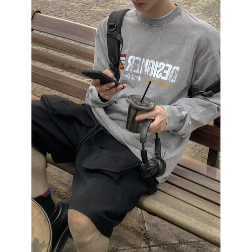 PLTH*薄款水洗做旧宽松美式复古百搭T恤日常小领口男ins纯棉长袖