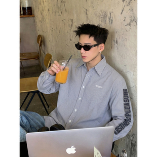 春季 街头袖 宽松竖条纹长袖 男美式 部字母刺绣休闲衬衣潮 衬衫 PLTH