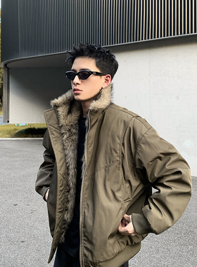 PLTH*美式复古解构夹克冬季加厚保暖毛领百搭高级感夹棉棉服外套