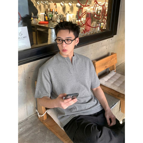 PLTH*美式复古亨利领短袖T恤男纯色小V领宽松百搭休闲半袖上衣潮