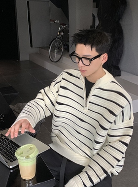 PLTH*秋冬韩系复古休闲经典条纹半拉链高领针织衫情侣保暖毛衣男