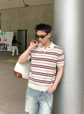 PLTH*韩系撞色条纹针织polo衫男士夏季休闲百搭短款翻领短袖上衣