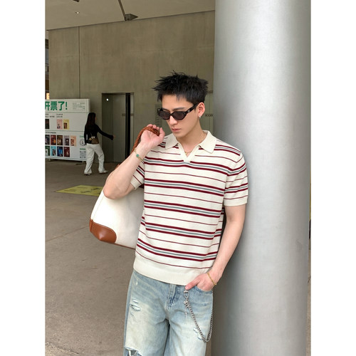 PLTH*韩系撞色条纹针织polo衫男士夏季休闲百搭短款翻领短袖上衣