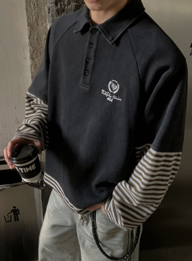 PLTH*美式复古撞色拼接假两件POLO衫春季新款休闲百搭长袖上衣男