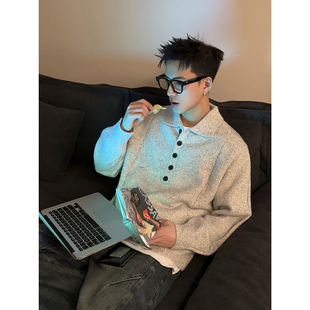 宽松cleanfit纯色慵懒风套头针织衫 PLTH 老钱风POLO领毛衣男秋季