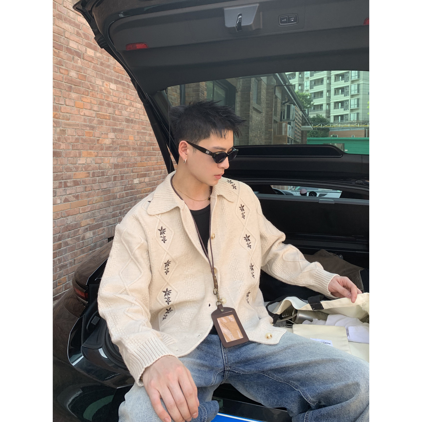 PLTH*美式复古菱格翻领针织衫男刺绣纽扣开衫老钱松弛感毛衣外套