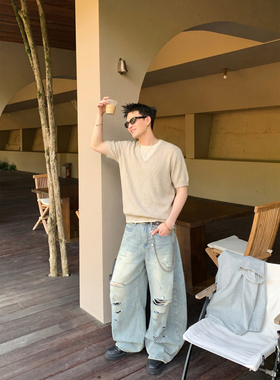 PLTH*美式复古V领假两件针织短袖男小众宽松百搭夏季休闲潮牌上衣