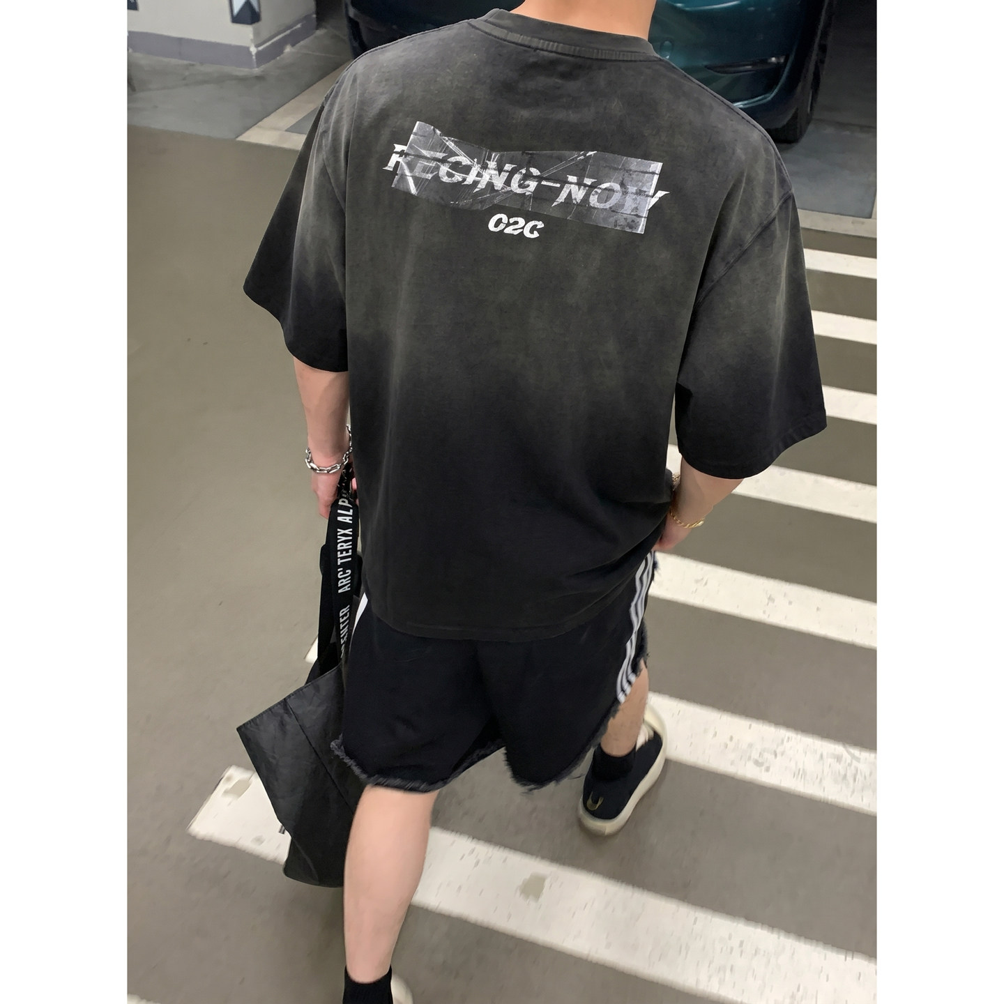 PLTH*美式复古覆盖胶带水洗做旧T恤男夏季宽松休闲痞帅短袖上衣潮