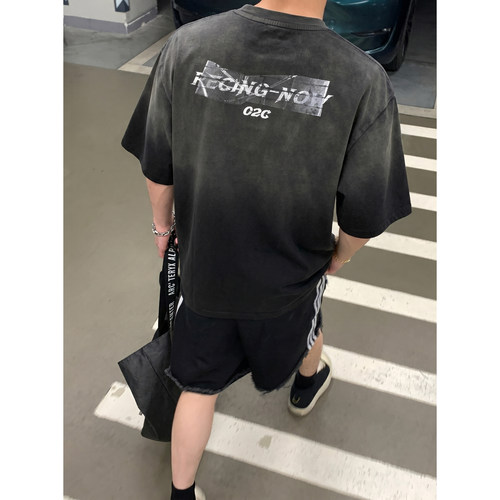 PLTH*美式复古覆盖胶带水洗做旧T恤男夏季宽松休闲痞帅短袖上衣潮