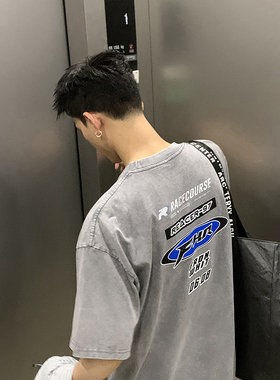 PLTH*复古美式重磅纯棉字母印花宽松版型小众印花百搭休闲T恤男女