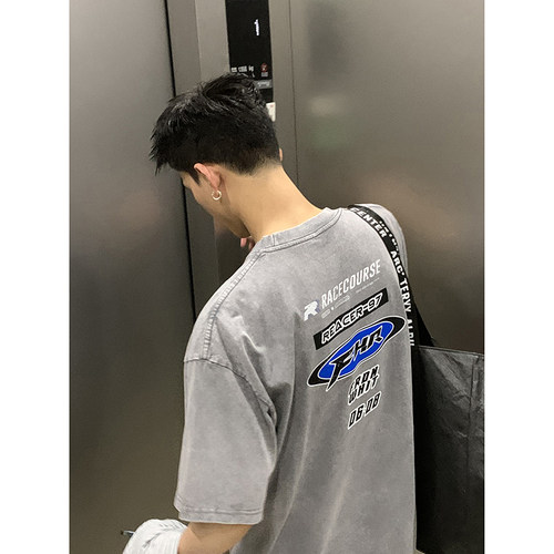 PLTH*复古美式重磅纯棉字母印花宽松版型小众印花百搭休闲T恤男女
