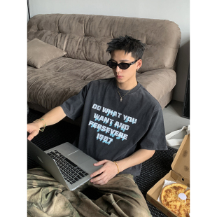 圆领重磅纯棉短袖 复古夏季 T恤重叠撞色字母印花宽松上衣 美式 PLTH