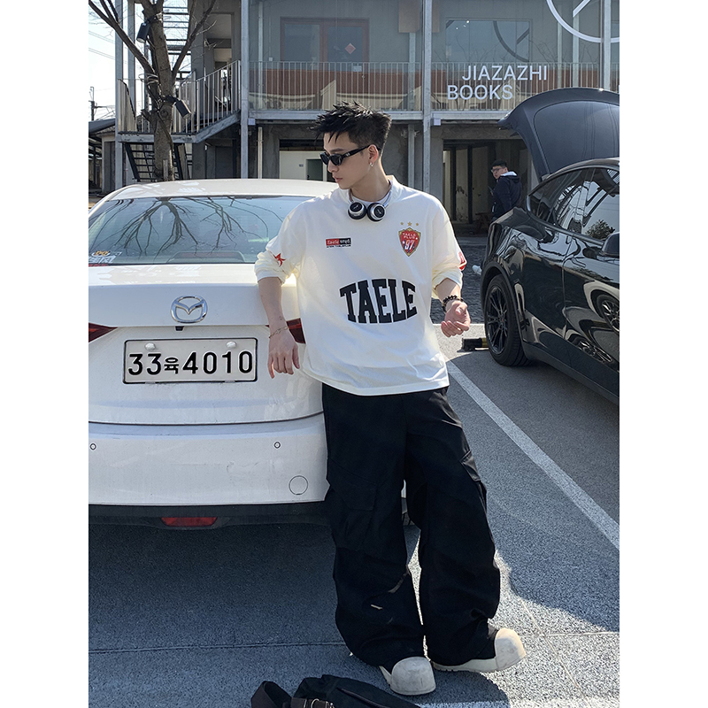 PLTH*春季美式运动风字母印花棒球服情侣款V领长袖设计感小众上衣
