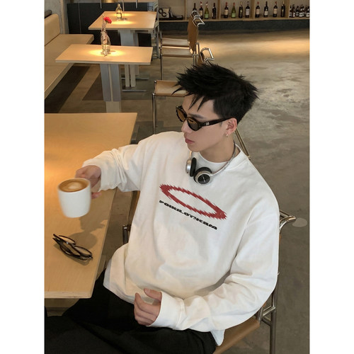 PLTH*美式复古做旧水洗长袖T恤男春季高街圆环印花上衣宽松打底衫