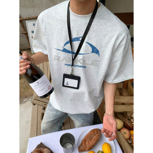 PLTH*夏季松弛感美式街头短袖T恤渐变做旧印花宽松百搭情侣款上衣