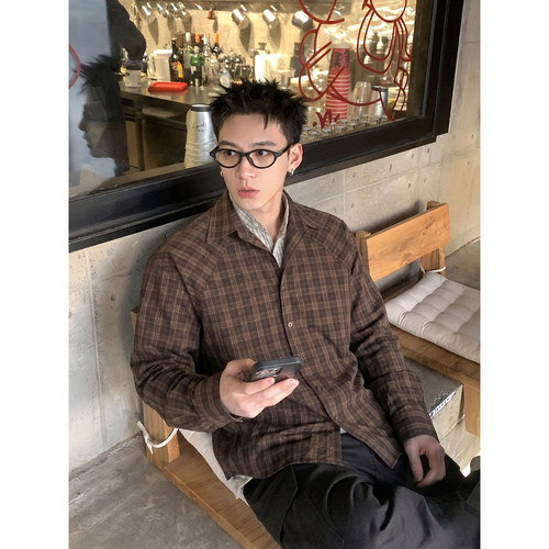 PLTH*美式复古假两件格纹衬衫男宽松翻领设计春季叠穿休闲上衣潮