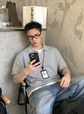 PLTH*夏季纯色假两件Polo衫男美式宽松翻领短袖通勤百搭基础上衣