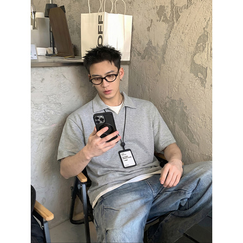 PLTH*夏季纯色假两件Polo衫男美式宽松翻领短袖通勤百搭基础上衣