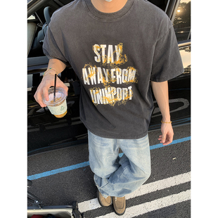 T恤男撞色字母印花宽松休闲上衣 简约重磅纯棉小领口短袖 PLTH 美式