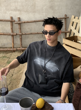 PLTH*美式喷马骝重磅复古做旧渐变水洗磨毛破坏短袖男宽松休闲T恤