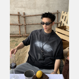 男宽松休闲T恤 喷马骝重磅复古做旧渐变水洗磨毛破坏短袖 PLTH 美式