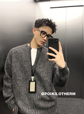 PLTH*冬季复古保暖V领纯色慵懒针织衫男休闲套头外套秋季情侣毛衣