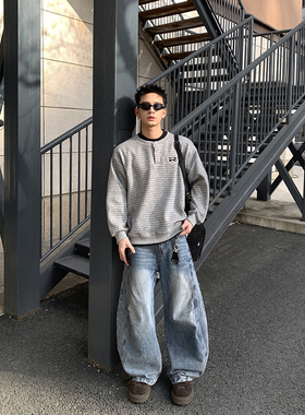 PLTH*美式复古条纹亨利领长袖春季宽松字母刺绣设计情侣款卫衣潮