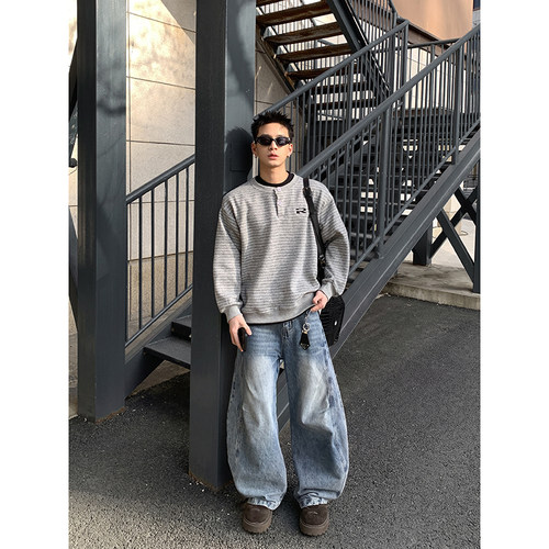PLTH*美式复古条纹亨利领长袖春季宽松字母刺绣设计情侣款卫衣潮