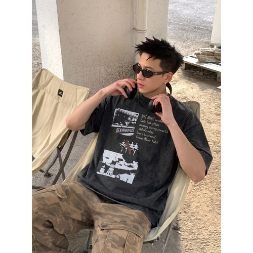 PLTH*美式复古胶片印花短袖男夏季宽松T恤慵懒风情侣落肩半袖上衣
