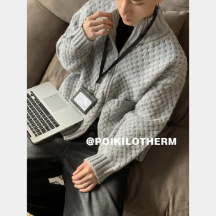 麻花编织立领双拉链毛衣外套男女2024秋冬宽松针织开衫 PLTH 美式