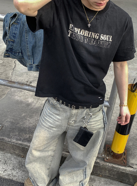 PLTH*夏季短款做旧磨破短袖男美式复古做旧水洗宽松休闲短款T恤潮
