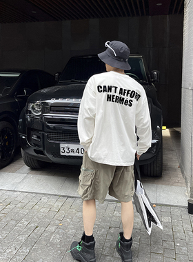 PLTH *2023早秋潮牌白色自制logo韩版T恤男女街头ins风情侣款长袖