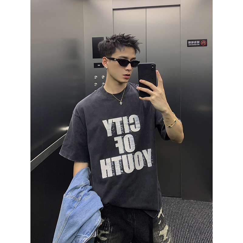 PLTH*美式休闲宽松小领口水洗做旧重磅短袖落肩简约复古印花T恤男