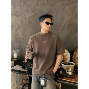 T恤男铆钉高街做旧宽松金属标半袖 复古350g重磅短袖 上衣 美式 PLTH