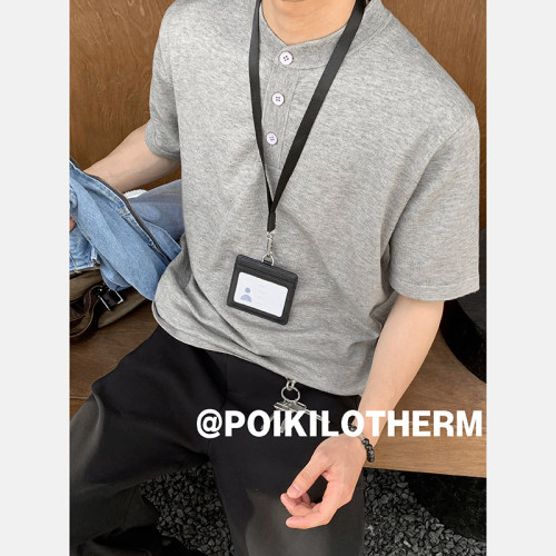 PLTH*美式复古老钱风松弛感亨利领短袖针织衫慵懒感重磅情侣毛衣