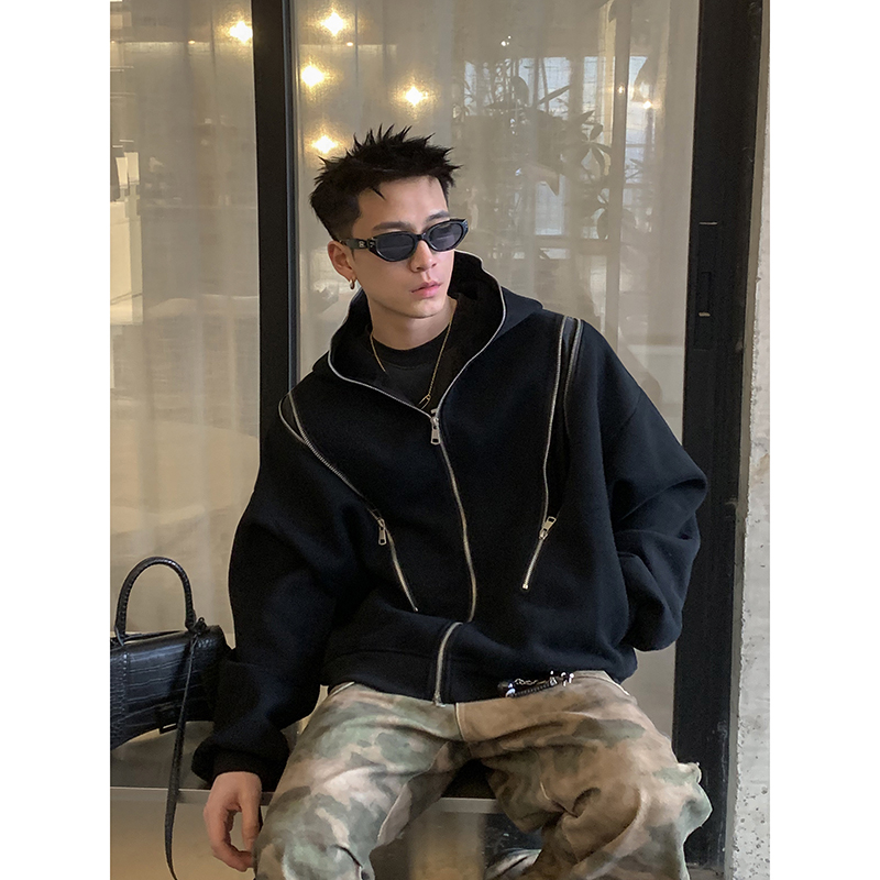 PLTH*美式复古解构多拉链连帽开衫2025春季纯色小众cleanfit卫衣