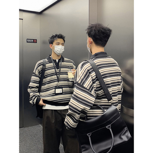 PLTH 上衣慵懒风内搭宽松百搭通勤毛衣男 秋冬条纹撞色POLO针织衫