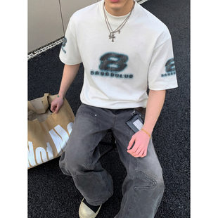 男高街宽松正肩半袖 PLTH 水洗做旧数字B印花短袖 复古夏季 T恤 美式