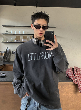 PLTH*美式复古水洗圆领长袖T男做旧字母印花秋季休闲宽松内搭打底