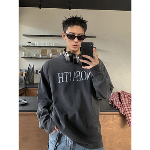 T男做旧字母印花春季 复古水洗圆领长袖 休闲宽松内搭打底 美式 PLTH