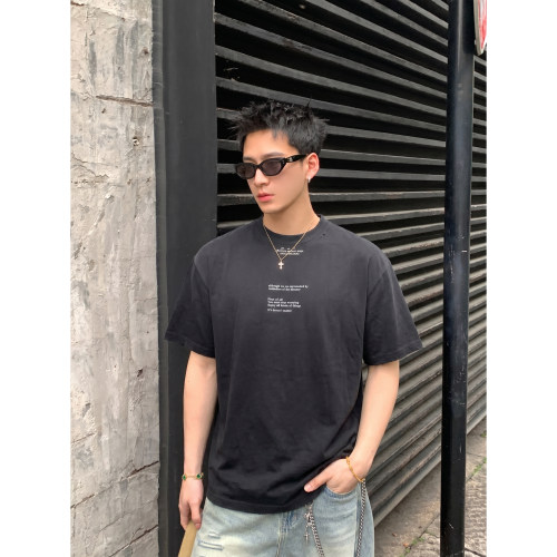 PLTH*夏季美式复古水洗渐变T恤男做旧毛边字母印花宽松休闲短袖潮