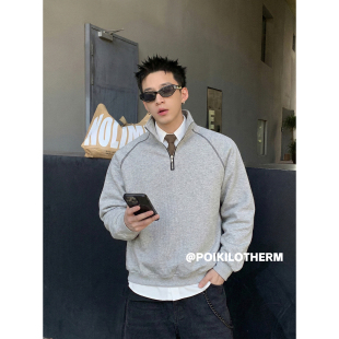 宽松休闲长袖 PLTH 上衣春季 复古半拉链卫衣男重磅灰色插肩袖 美式