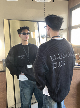 PLTH*美式复古慵懒风袖口破洞做旧喷墨针织衫男女街头BF宽松毛衣