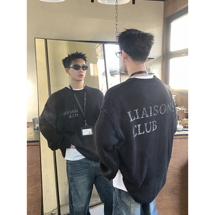 口破洞做旧喷墨针织衫 复古慵懒风袖 男女街头BF宽松毛衣 美式 PLTH