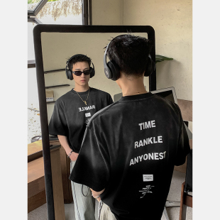 重磅纯棉宽松字母印花渐变T恤男设计感小众短袖 新款 夏季 PLTH