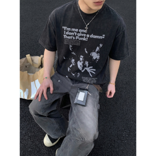 复古重磅做旧水洗朋克乐队印花短袖 美式 T恤男宽松高街潮 夏季 PLTH