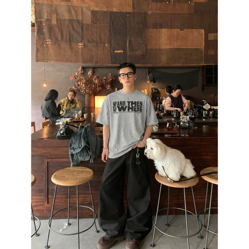 PLTH*美式街头宽松短袖T恤男做旧水洗字母印花圆领休闲百搭半袖潮