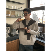 PLTH 韩系披肩假两件拼接撞色圆领套头毛衣秋冬燕麦色宽松针织衫