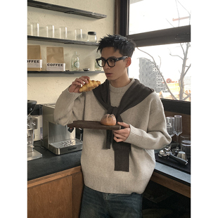 PLTH 韩系披肩假两件拼接撞色圆领套头毛衣秋冬燕麦色宽松针织衫